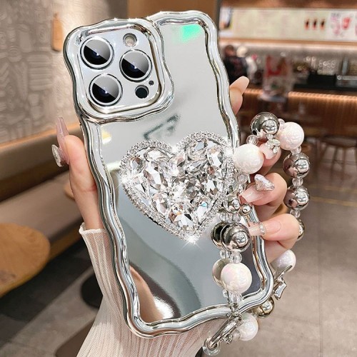 Crystal Rhinestone Love Heart Bracket Phone Case For iPhone Shock-resistant Protective Cover With Mirror Finish And Beaded Lanyard